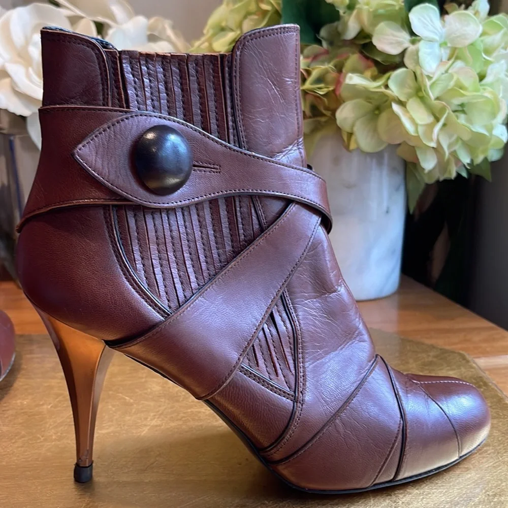 Miu Miu Capretto Stitch Cotto Leather Booties in Brown Leather and Copper